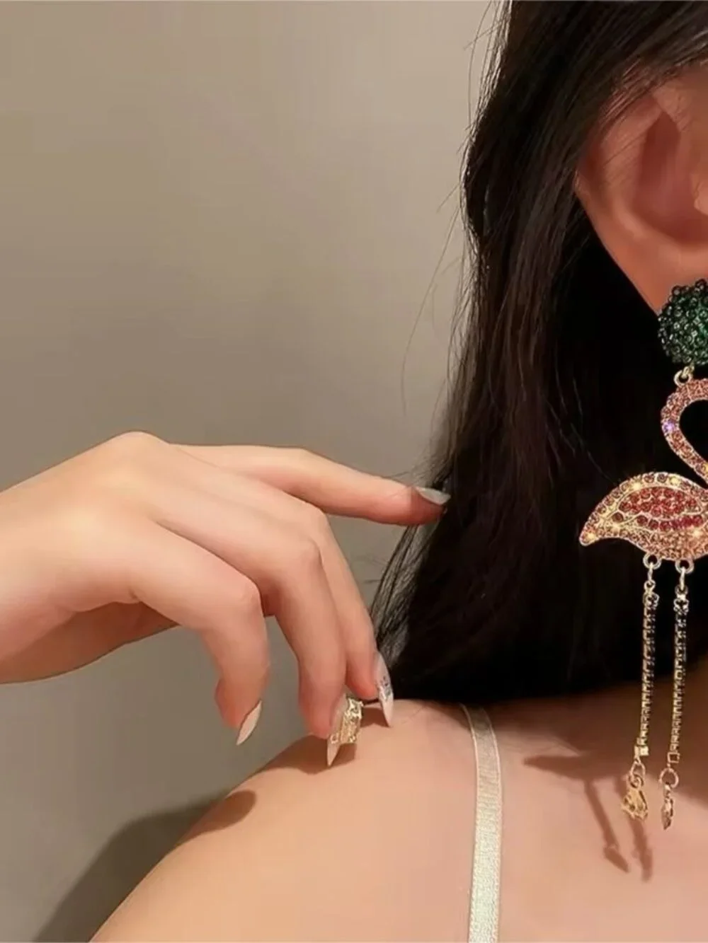 Pink Flamingo Drop Earrings with Green Beaded Tops